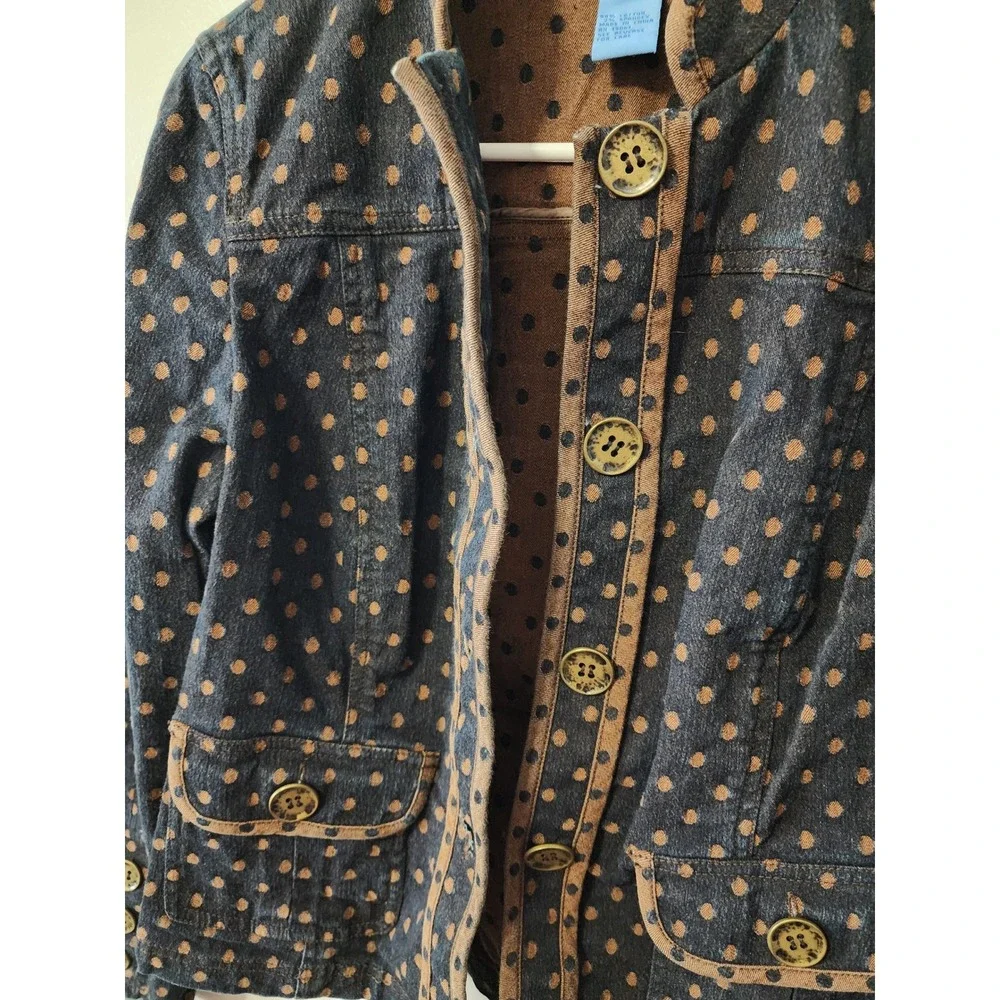 Doncaster Sport Polka Dot Denim Jacket Navy Brown Mock Neck XS/2 See Measurement
